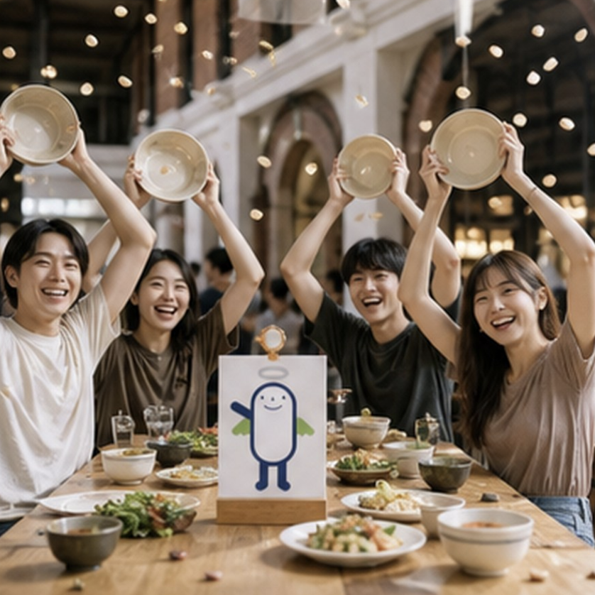 四位年輕人在中環街市舉起空碗，與米仔一同響應惜食行動